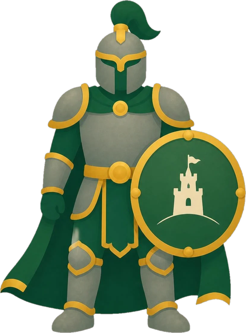 The Guardian: a knight with a plumed helmet and castle shield
