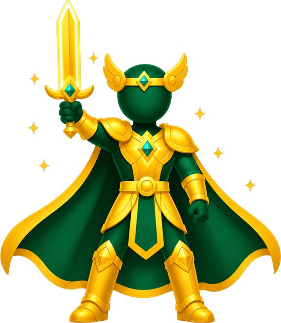 The Legendary hero: golden armor and a raised sword
