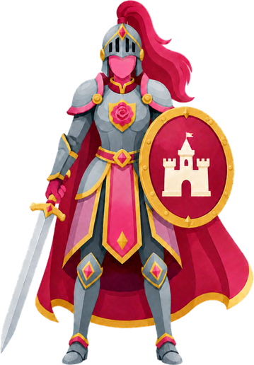 The Rose Guardian: a knight with a plumed helmet and castle shield
