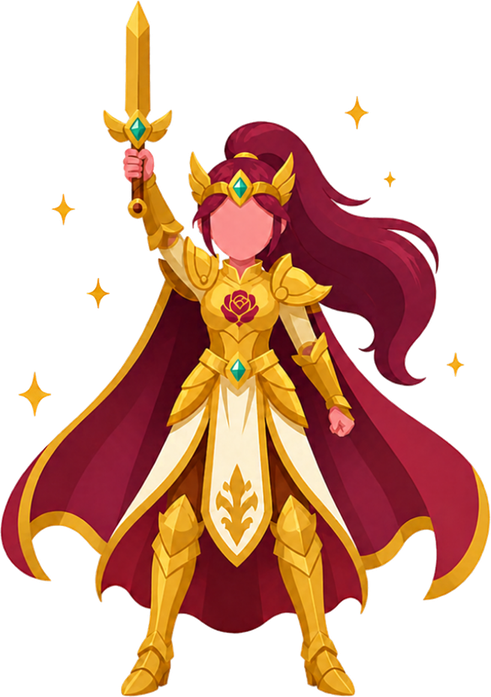 The Rose Legendary hero: golden armor, a rose crest and a raised sword