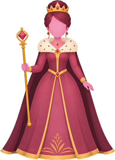 The Rose Queen: a crowned ruler in a royal gown with a scepter