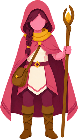 The Rose Ranger: a hooded traveler in a pink cloak with a staff