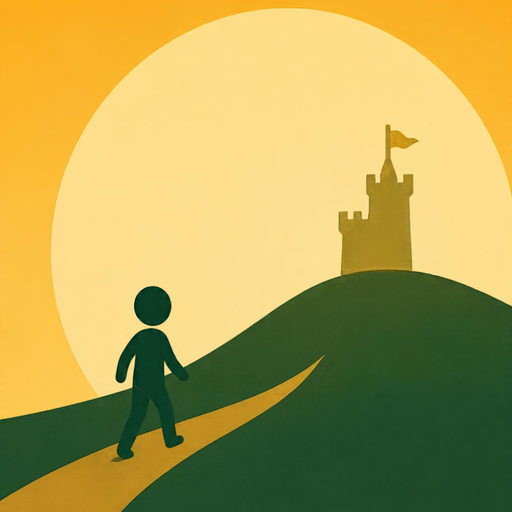Stride Kingdom app icon: a hero walking a golden path toward a castle on a hill at sunrise